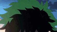 a close up of a cartoon character 's head with green hair .