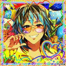 a colorful drawing of a girl wearing sunglasses with a heart in the background