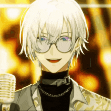 a boy with white hair and purple eyes is smiling and holding a microphone