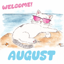 a drawing of a cat wearing pink sunglasses with the words welcome august below it