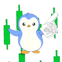 a blue and white penguin is holding a cell phone in front of green candles