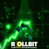 an advertisement for rollbit shows a robot holding a green arrow
