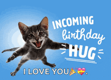 a cat is jumping in the air with the words incoming birthday hug i love you below it