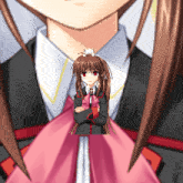 a girl with long brown hair and red eyes is standing with her arms crossed and a cat on her head