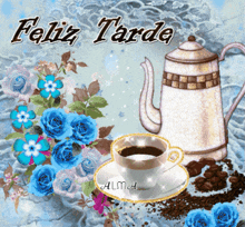 a cup of coffee sits on a saucer next to a coffee pot and blue roses
