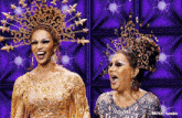 two drag queens wearing gold and silver dresses and crowns on a purple background