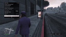 a man in a purple suit is walking down the street