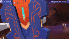 a video game screen shows a character with a shield and the words requiemforlove3d on it