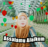 a woman in a hijab is surrounded by balloons and says assalamu alaikum