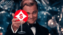 a man in a tuxedo is holding up a glass with a dollar sign on it