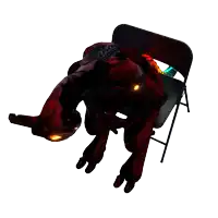 a red robot is sitting on a black folding chair with a white background
