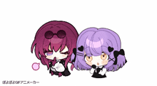 two anime girls with purple hair are standing next to each other on a white background with japanese writing