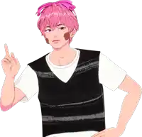a man with pink hair is wearing a black vest and a white t-shirt