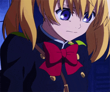 a girl with blonde hair and purple eyes has a red bow