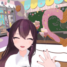 a girl with purple hair is smiling in front of a sign that says " os "