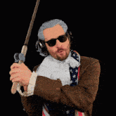 a man wearing a wig and sunglasses is holding a flag