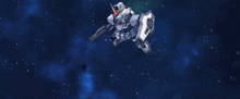 a robot is flying through the air with a shield on its back .
