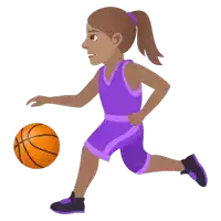 a girl in a purple basketball uniform is running with an orange basketball