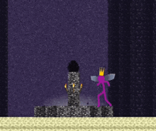 a purple stick figure with a crown stands next to a purple stick figure