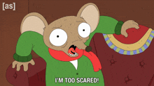 a cartoon mouse says i 'm too scared in front of a couch