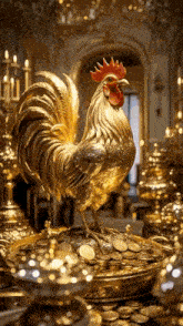 a golden rooster is standing on a pile of gold coins .