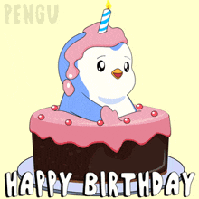 a birthday cake with a penguin on it and the words happy birthday