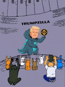 a cartoon of trump dressed as a dinosaur holding a coin