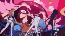 a group of people are standing in front of a giant pink monster and the words `` the gentle queen '' are visible .