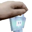 a pixel art of a person holding a blue item with the letter b on it