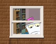 a cartoon character is looking out a window at a brick wall
