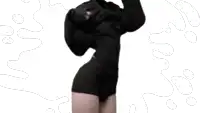 a woman in a black hoodie and shorts is standing on a white background