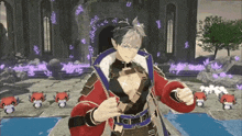 a man in a red jacket is standing in front of a castle