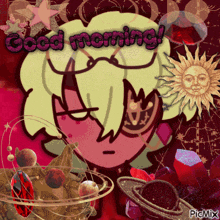 a picture of a cartoon character with the words good morning written on it