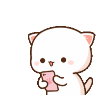 a cartoon cat is holding a pink cell phone with a heart shaped speech bubble above it .