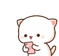 a cartoon cat is holding a pink cell phone with a heart shaped speech bubble above it .