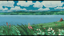 a painting of a lake surrounded by grass and trees