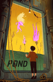 a cartoon drawing of a boy looking out of a window with the word pond on it