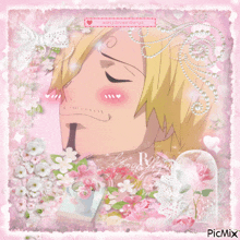 a picture of a man surrounded by pink flowers and pearls with a picmix watermark