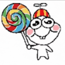 a cartoon character holding a colorful lollipop and wearing a hat