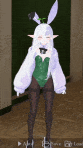 a girl with white hair and bunny ears is standing in front of a green wall