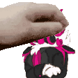 a pixel art of a hand holding a stuffed animal with pink ears .