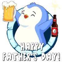 a happy father 's day card with a penguin holding a glass of beer