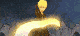a cartoon character with yellow hair is holding a sword in his hand