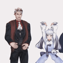 a man in a suit and a girl in a dress are dancing together