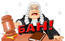 a cartoon of a judge holding a wooden gavel with the word ban written in red .