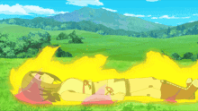 a cartoon of a girl laying in a field with mountains in the background