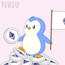 a penguin holding a coin and a flag with the word pengu in the corner
