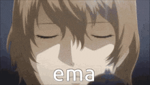 a close up of a person 's face with the word " ema " written on it