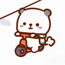 a cartoon bear is riding a scooter with a scarf around his neck