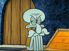 squidward from spongebob squarepants is standing with his arms crossed in front of a wooden door